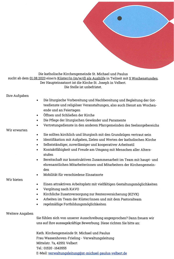 Stellenausschreibung Küster St. Joseph 08 2023